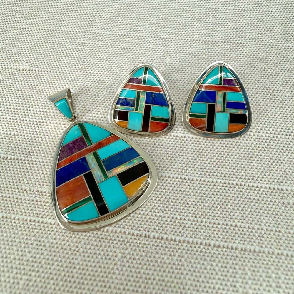 Southwestern Sterling Silver Inlay Multi-Stone Pendant And Earrings Set